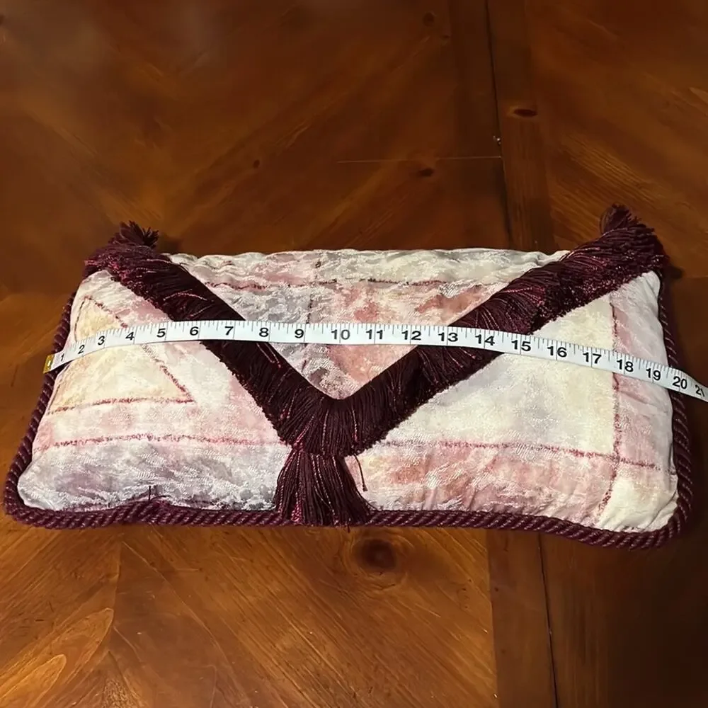Beige & Burgundy Brocade Envelope Throw Pillow with Fringe Handmade